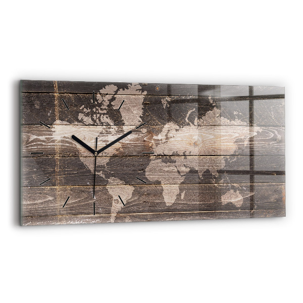 Glass wall clock rectangular World map on wood