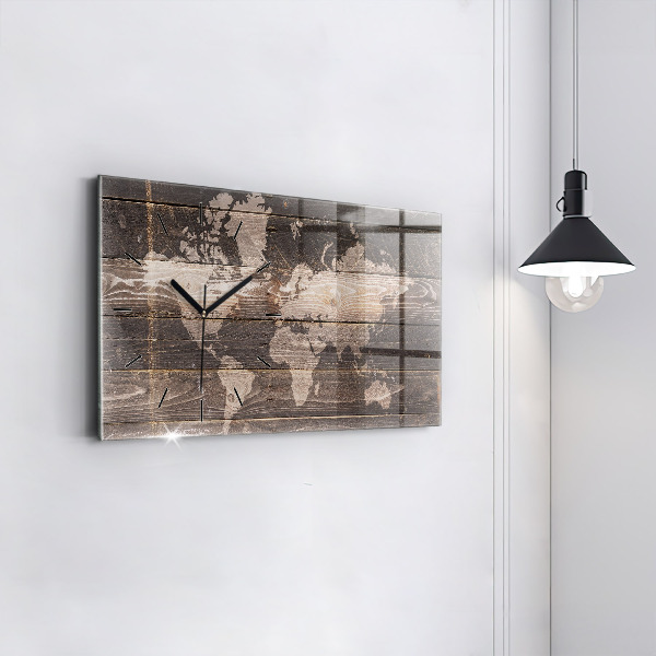 Glass wall clock rectangular World map on wood