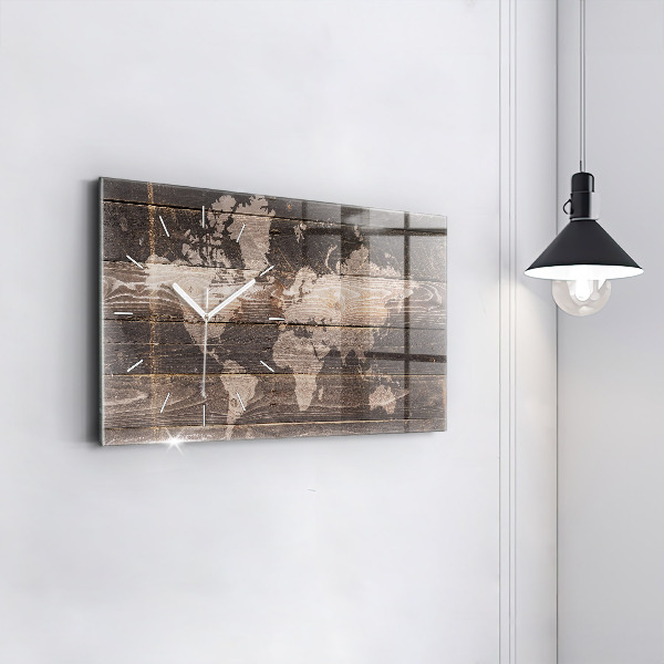 Glass wall clock rectangular World map on wood