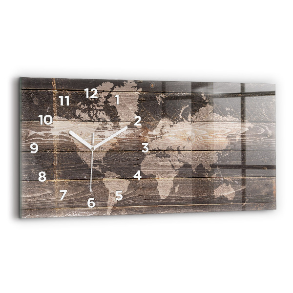 Glass wall clock rectangular World map on wood