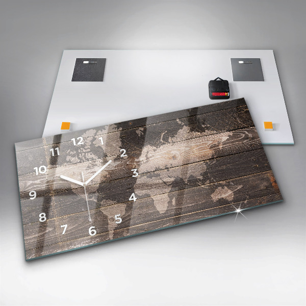 Glass wall clock rectangular World map on wood