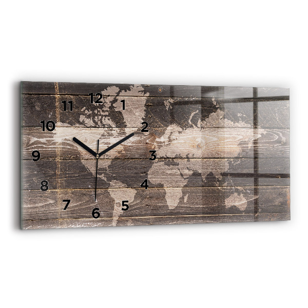 Glass wall clock rectangular World map on wood