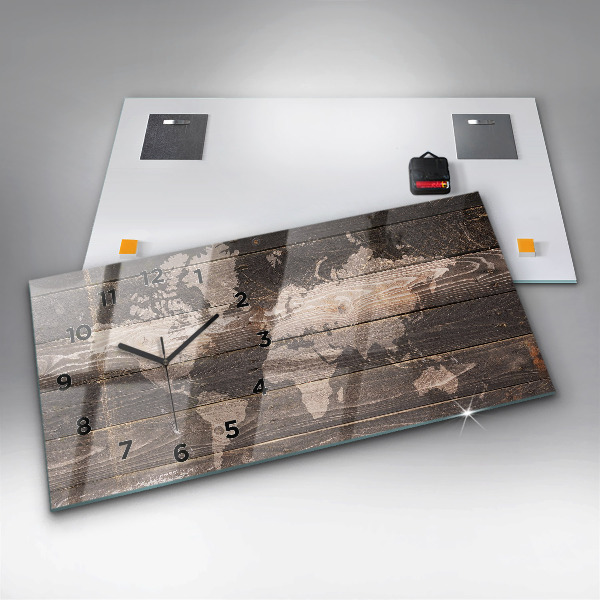 Glass wall clock rectangular World map on wood