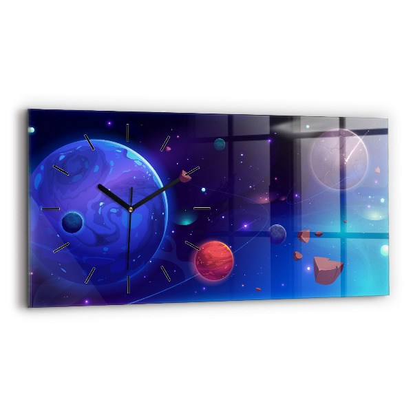 Glass wall clock rectangular Planets galaxy