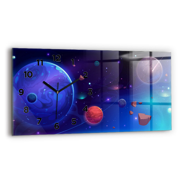 Glass wall clock rectangular Planets galaxy