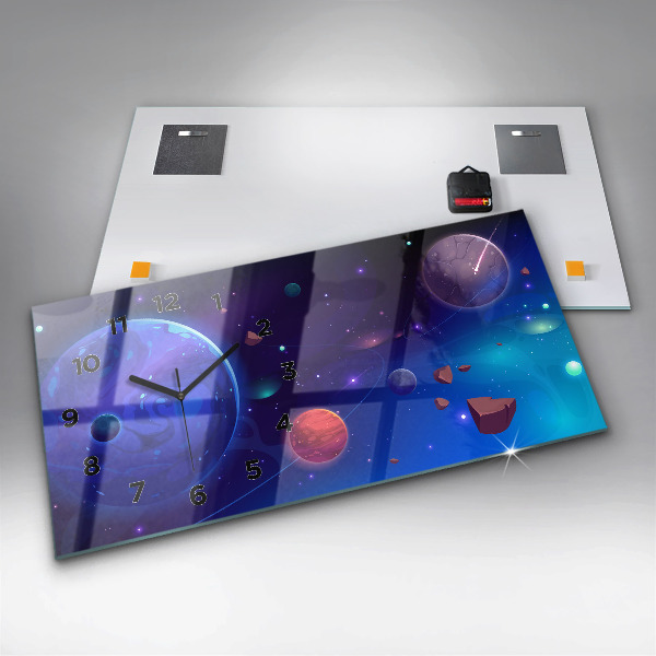 Glass wall clock rectangular Planets galaxy