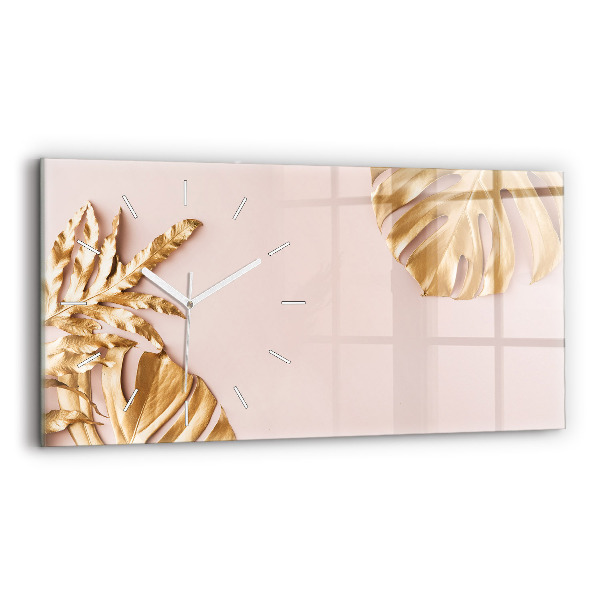 Glass wall clock rectangular Golden tropical leaves