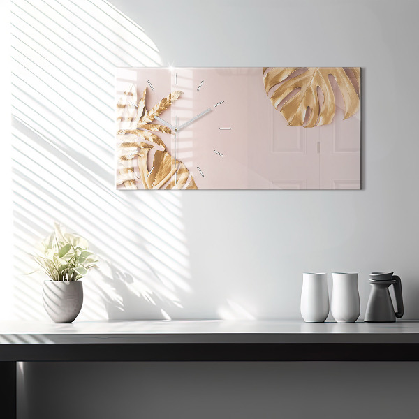 Glass wall clock rectangular Golden tropical leaves