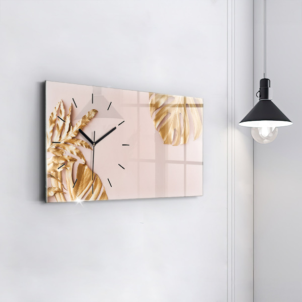 Glass wall clock rectangular Golden tropical leaves