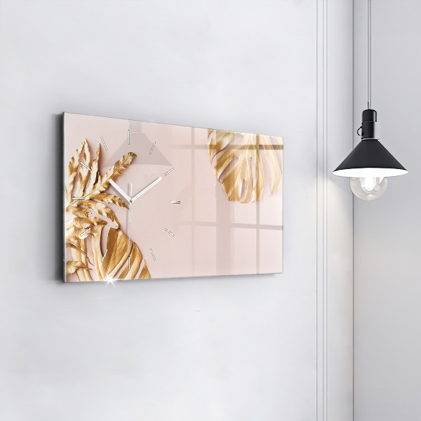 Glass wall clock rectangular Golden tropical leaves