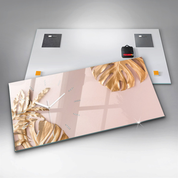 Glass wall clock rectangular Golden tropical leaves