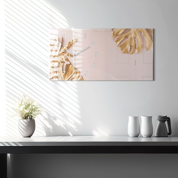 Glass wall clock rectangular Golden tropical leaves