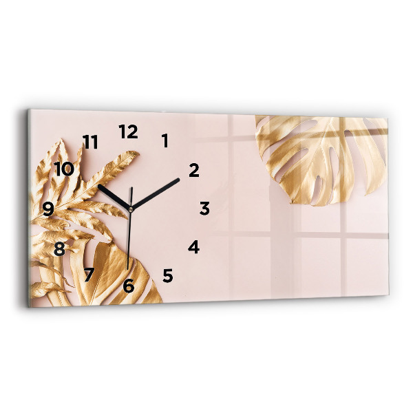 Glass wall clock rectangular Golden tropical leaves