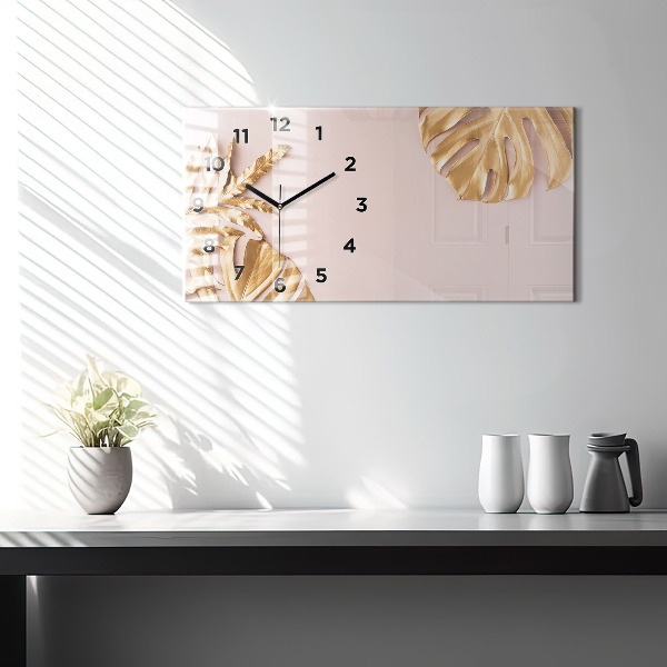 Glass wall clock rectangular Golden tropical leaves
