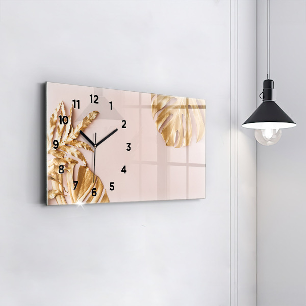 Glass wall clock rectangular Golden tropical leaves