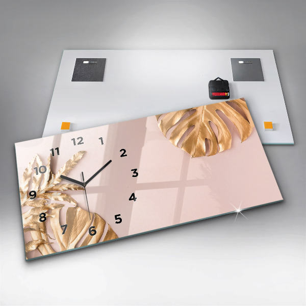Glass wall clock rectangular Golden tropical leaves