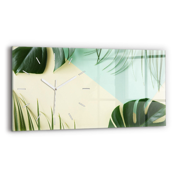 Glass wall clock rectangular Monstera leaves