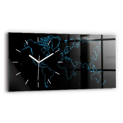Glass wall clock rectangular World map outlines