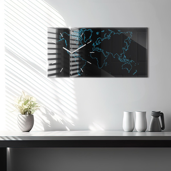 Glass wall clock rectangular World map outlines