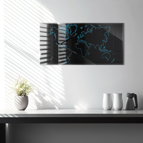 Glass wall clock rectangular World map outlines