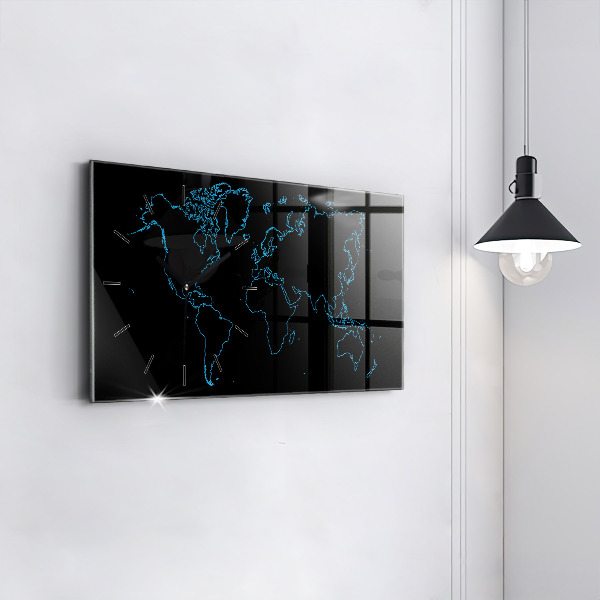 Glass wall clock rectangular World map outlines