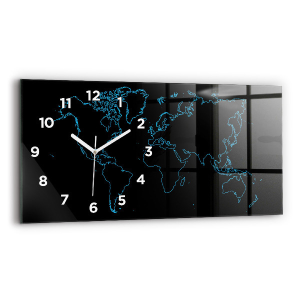 Glass wall clock rectangular World map outlines