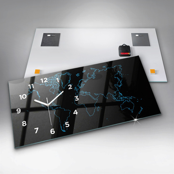 Glass wall clock rectangular World map outlines