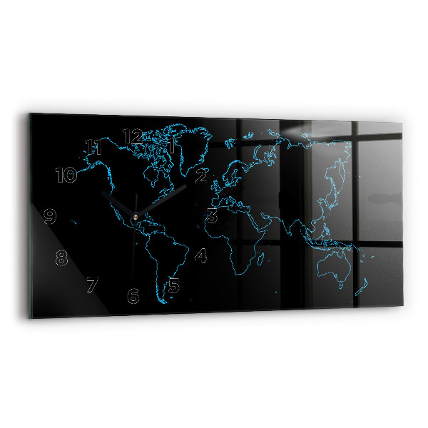 Glass wall clock rectangular World map outlines
