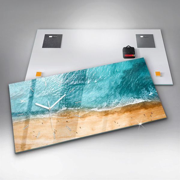 Glass wall clock rectangular sea beach people