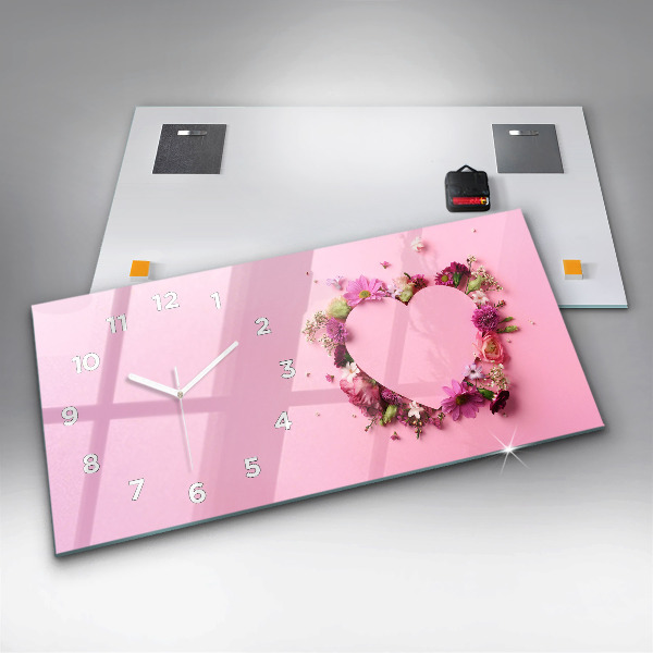 Glass wall clock rectangular Heart of flowers