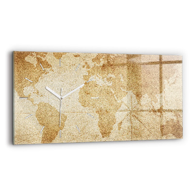 Glass wall clock rectangular Vintage world map