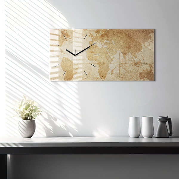 Glass wall clock rectangular Vintage world map