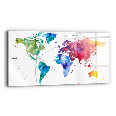 Glass wall clock rectangular Watercolor map of the world