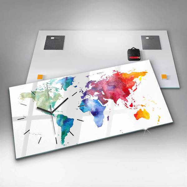 Glass wall clock rectangular Watercolor map of the world