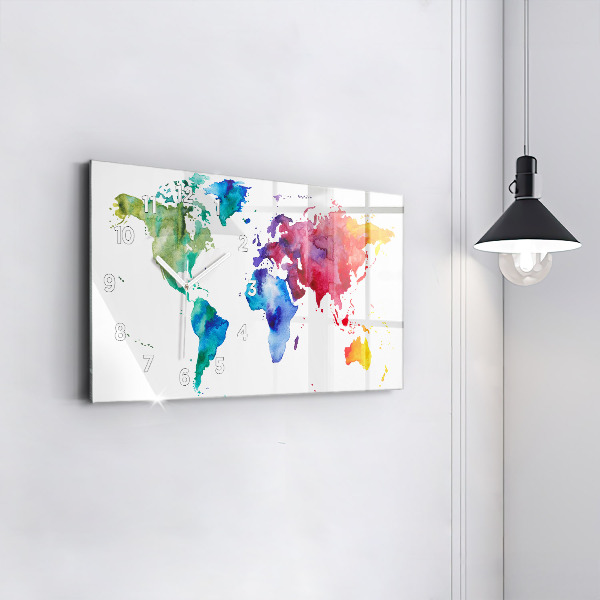 Glass wall clock rectangular Watercolor map of the world