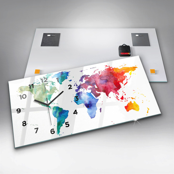 Glass wall clock rectangular Watercolor map of the world
