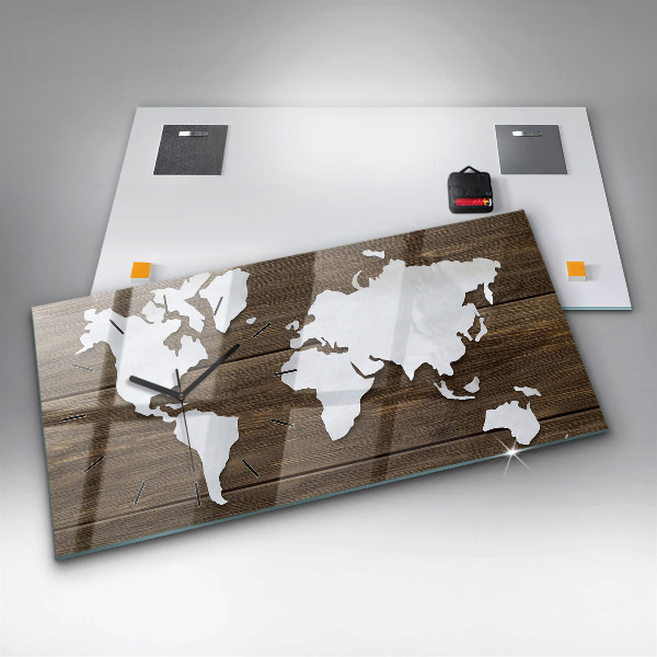Glass wall clock rectangular World Map on boards