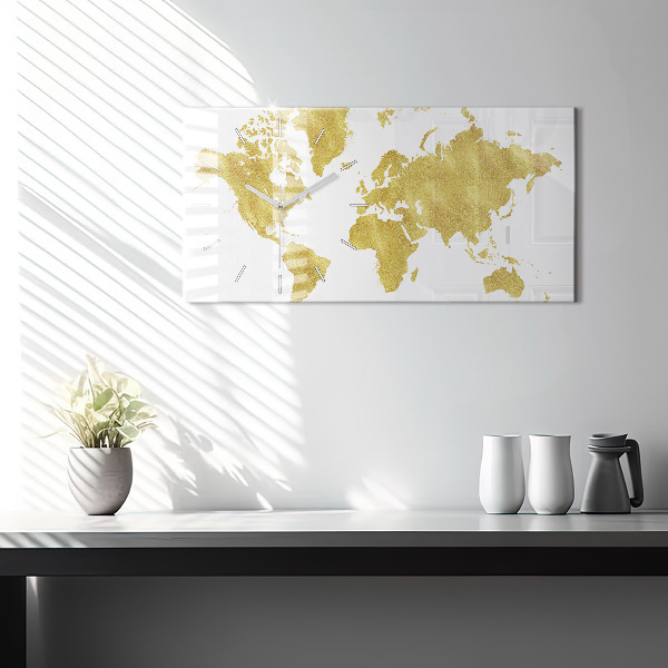 Glass wall clock rectangular Golden map of the world