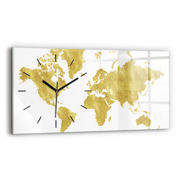 Glass wall clock rectangular Golden map of the world