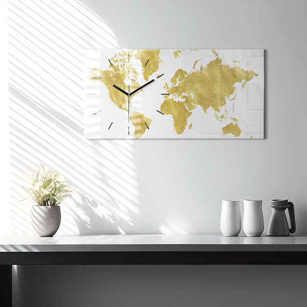 Glass wall clock rectangular Golden map of the world