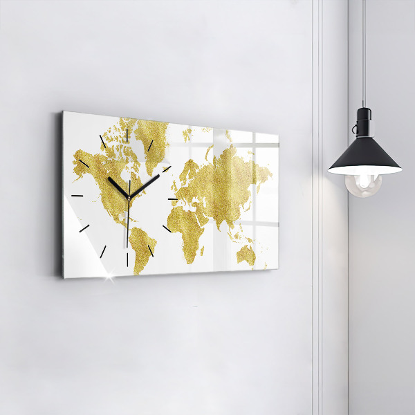 Glass wall clock rectangular Golden map of the world