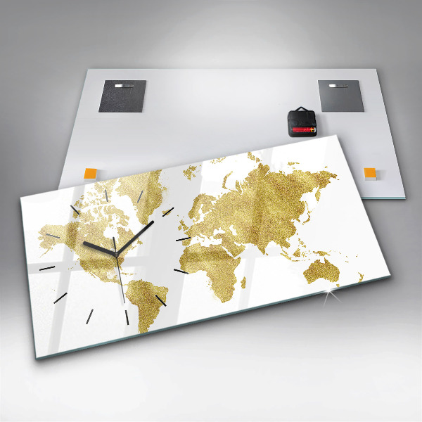 Glass wall clock rectangular Golden map of the world