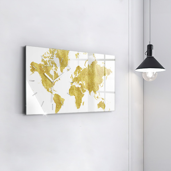 Glass wall clock rectangular Golden map of the world