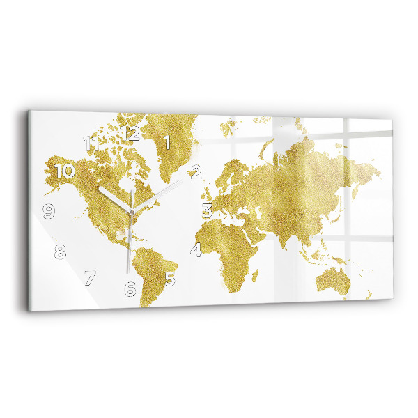 Glass wall clock rectangular Golden map of the world