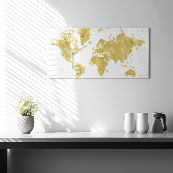 Glass wall clock rectangular Golden map of the world