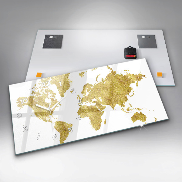 Glass wall clock rectangular Golden map of the world
