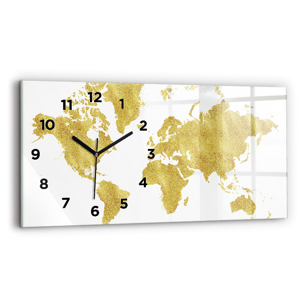 Glass wall clock rectangular Golden map of the world