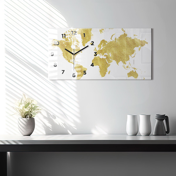 Glass wall clock rectangular Golden map of the world