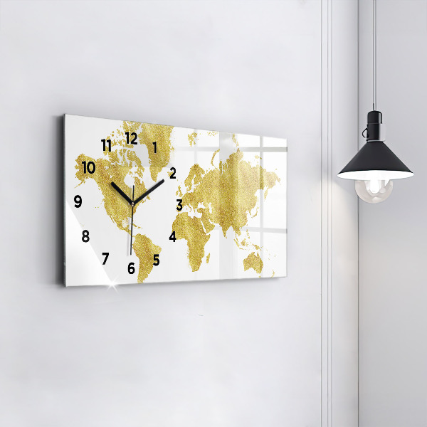 Glass wall clock rectangular Golden map of the world