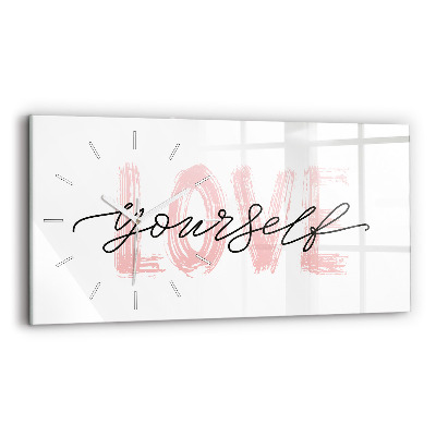 Glass wall clock rectangular Love yourself inscription